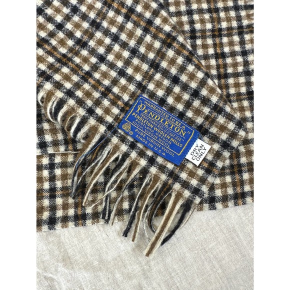Pendleton Wool Scarf Brown Black Plaid 48"x13" - Picture 5 of 7